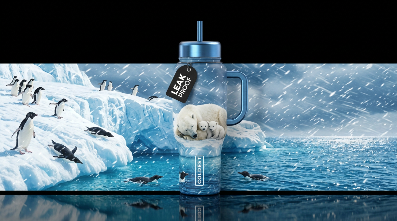 Penguins are on a glacier that MPs into a glisteni... water bottle design