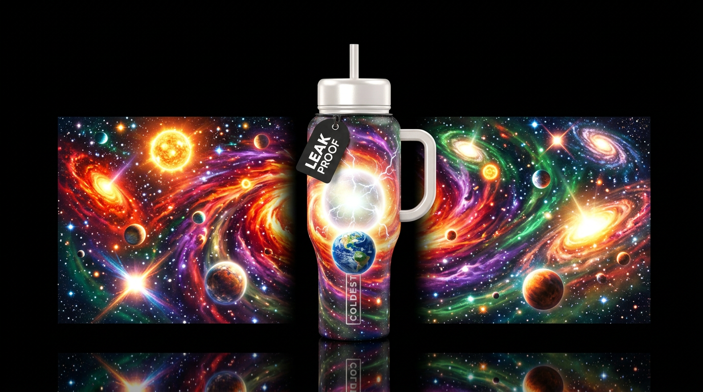 A bright pearl white glowing orb has energy flowin... water bottle design
