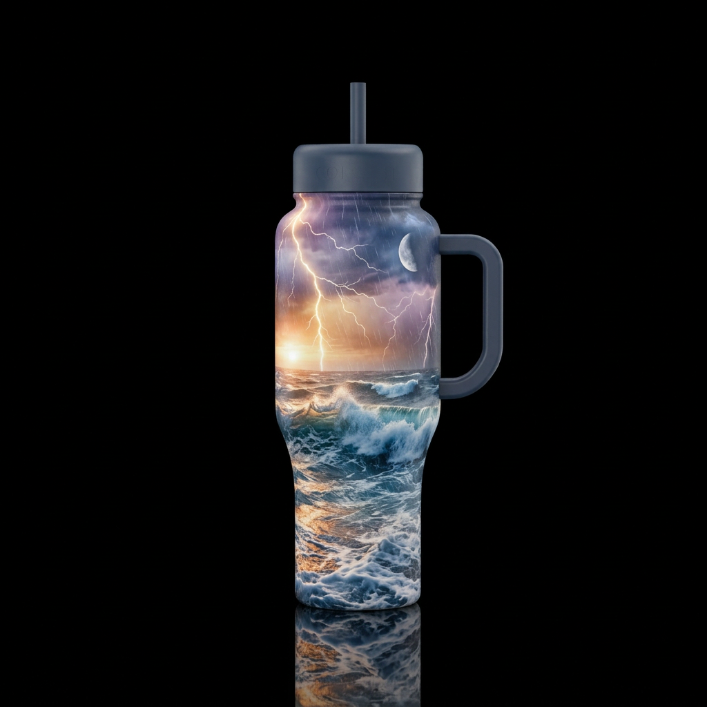 In the middle of the ocean violent waves are crash... water bottle design