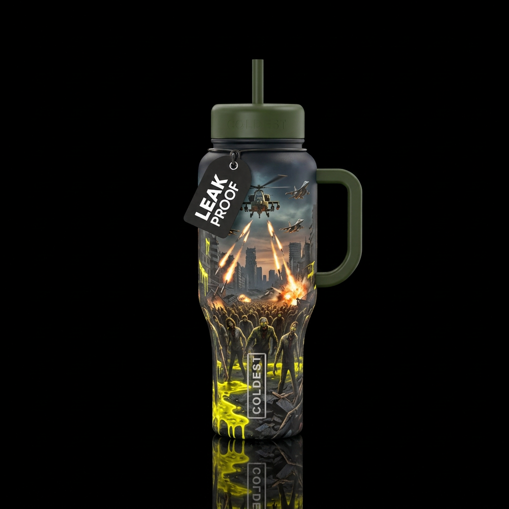 A zombie apocalypse in a ravaged city with buildin... water bottle design