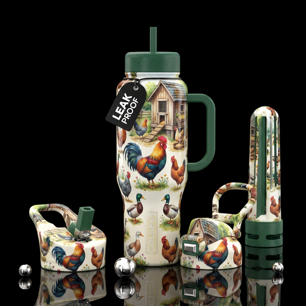 Chickens, Rooster, Ducks, coop, roaming around, water bottle design
