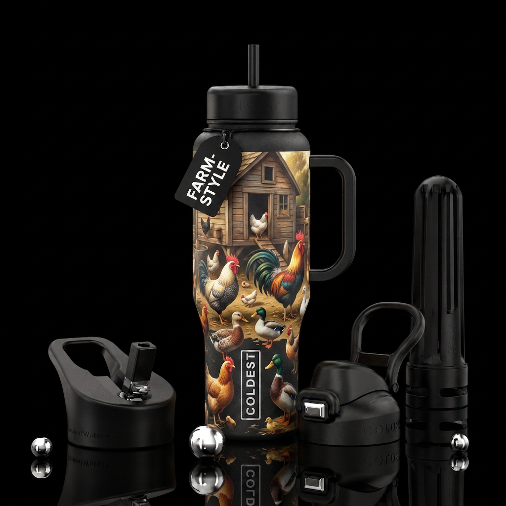 Chickens, Rooster, Ducks, coop, roaming around, water bottle design