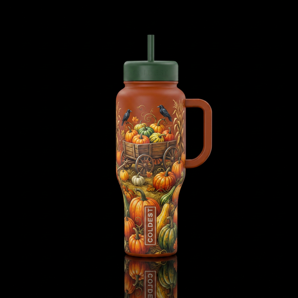 Pumpkin patch with wagon water bottle design