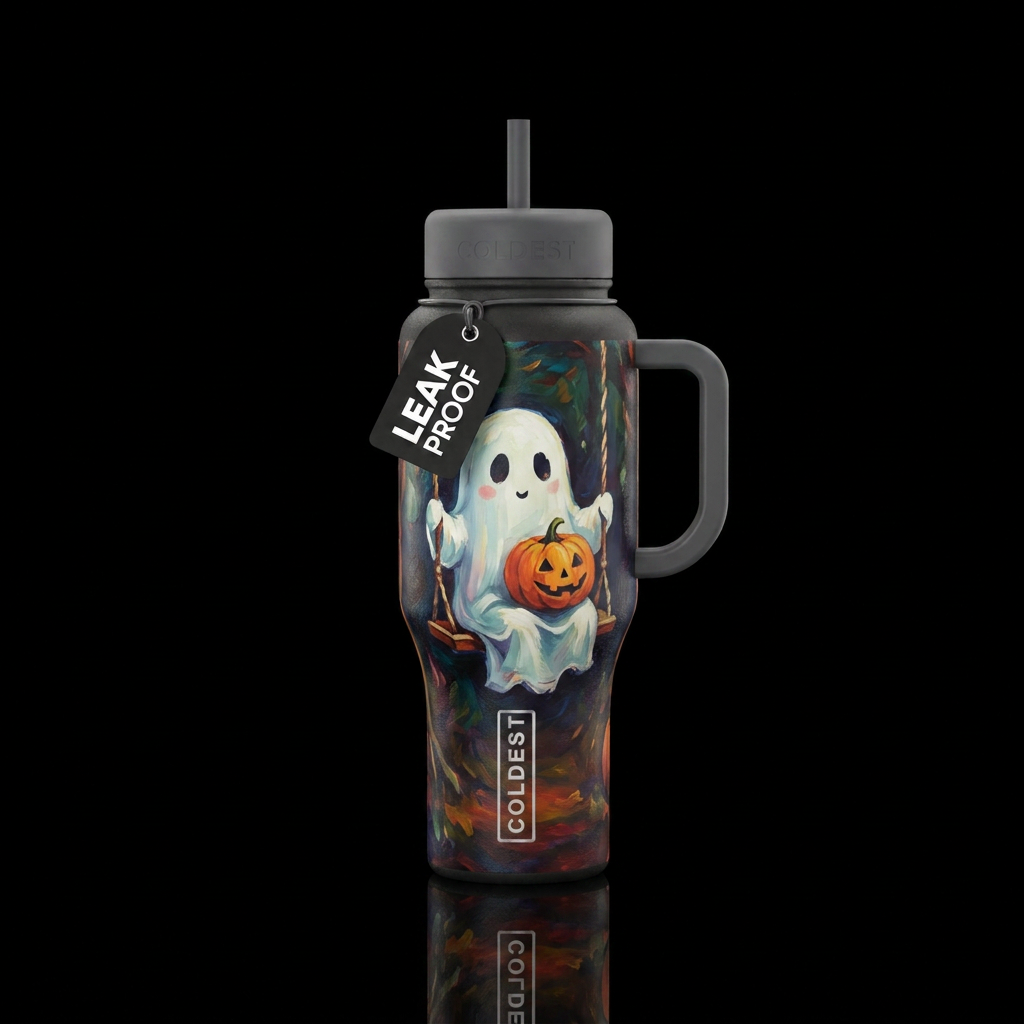Ghost on Swing Print Cute Ghost with Pumpkin made ... water bottle design