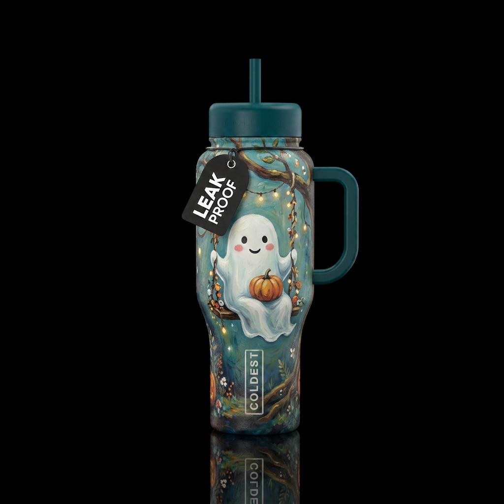 Ghost on Swing Print Cute Ghost with Pumpkin made ... water bottle design