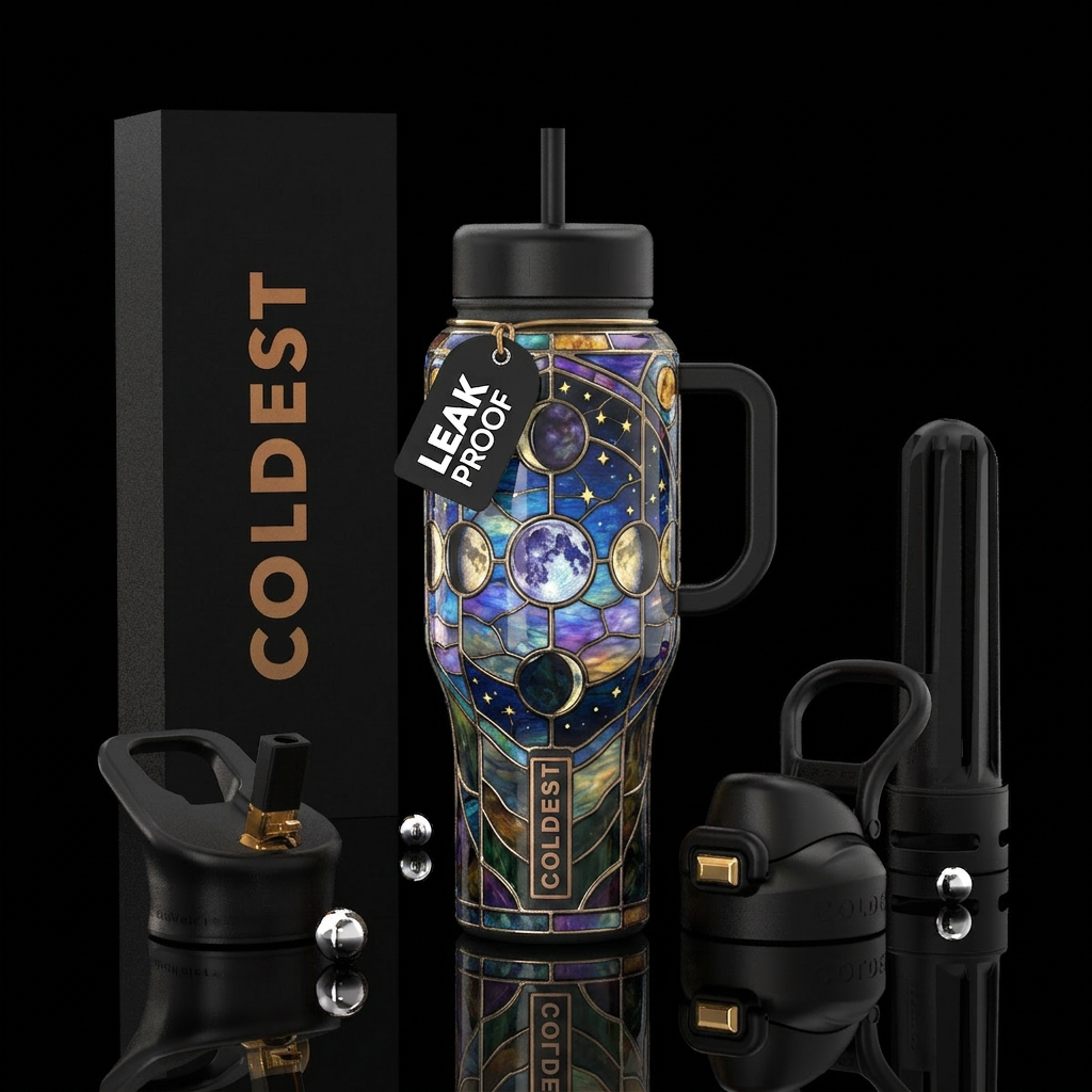 Tiffany lamp inspired moon and stars water bottle design