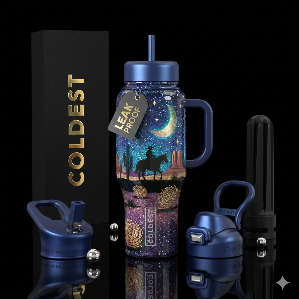 Glitter design, night, silhouette of cowboy and hi... water bottle design