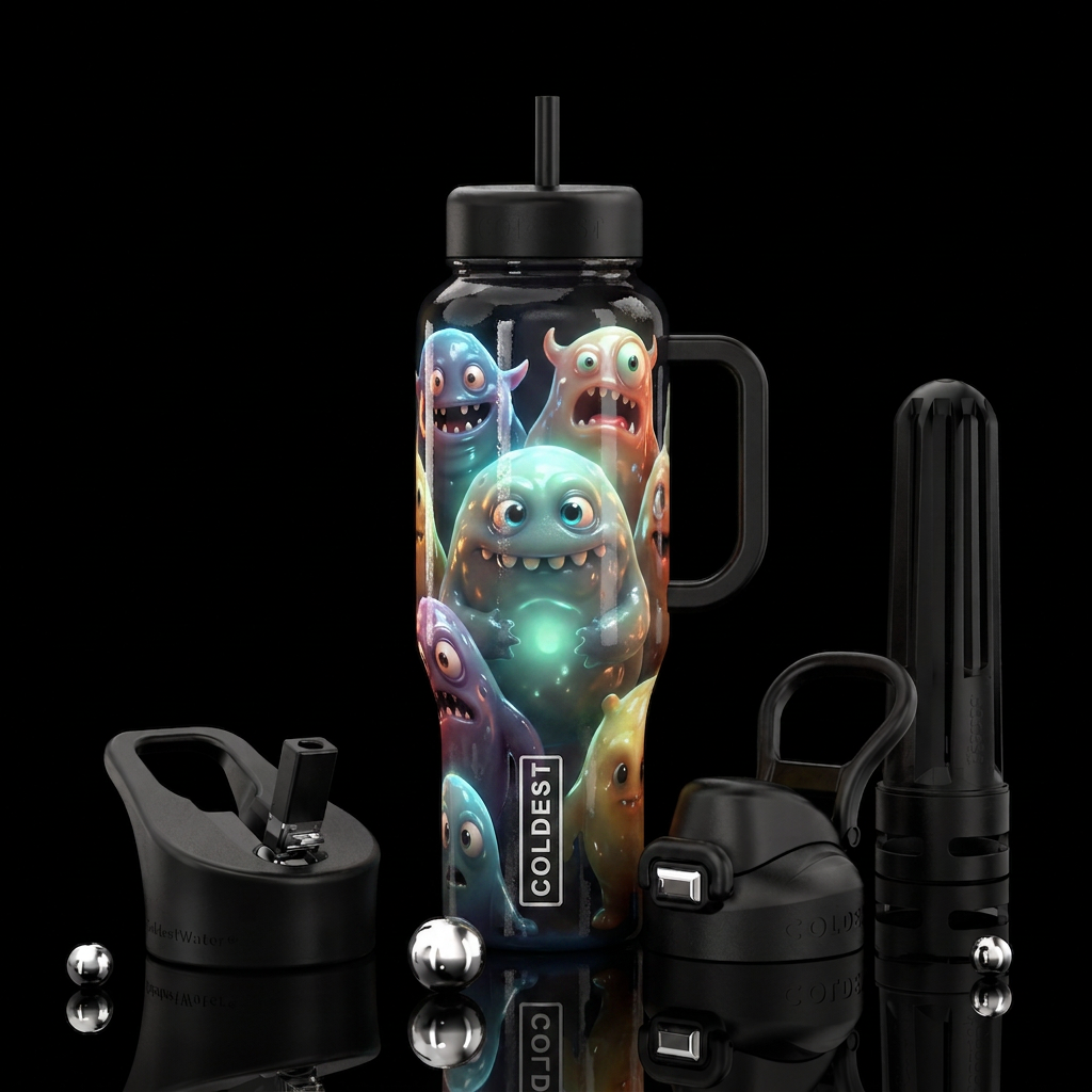 Blubbery cute monsters, glossy, glowie, trompe-l'œ... water bottle design