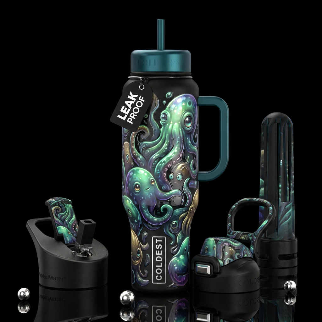 Blubbery cute monsters, glossy, glowie, trompe-l'œ... water bottle design