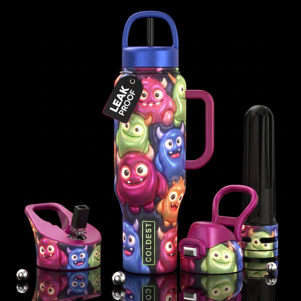 Blubbery cute monsters, glossy, glowie, trompe-l'œ... water bottle design