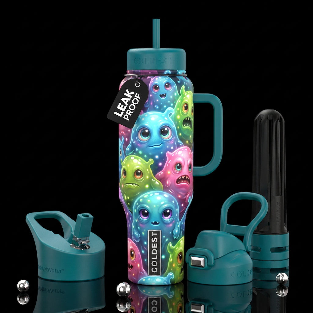 Blubbery cute monsters, glossy, glowie, trompe-l'œ... water bottle design