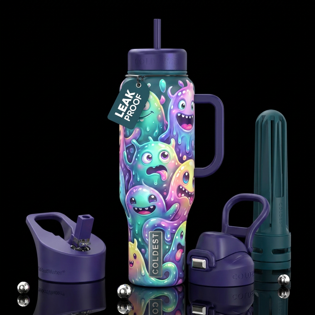 Blubbery cute monsters, glossy, glowie, trompe-l'œ... water bottle design