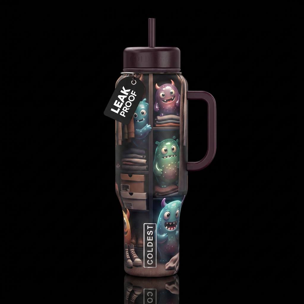 Blubbery cute monsters, glossy, glowie, trompe-l'œ... water bottle design