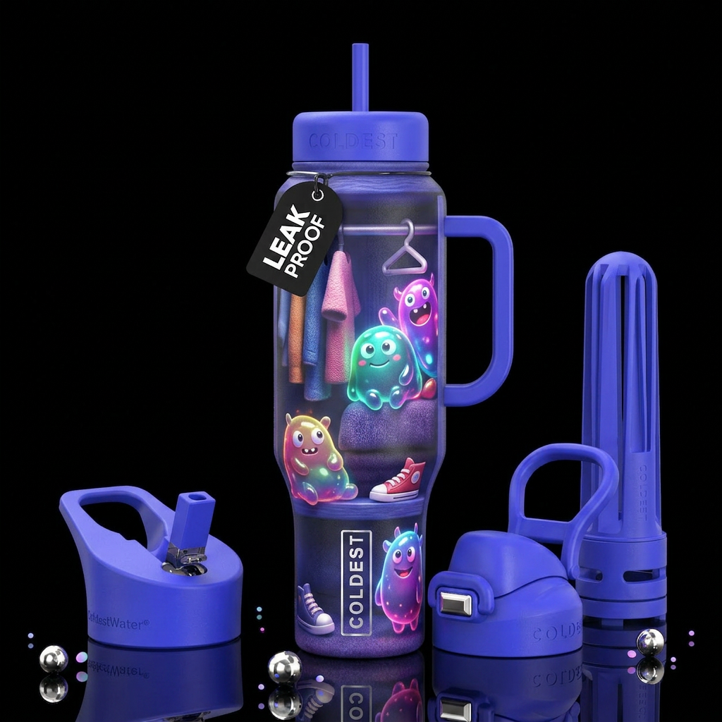 Blubbery cute monsters, glossy, glowie, trompe-l'œ... water bottle design