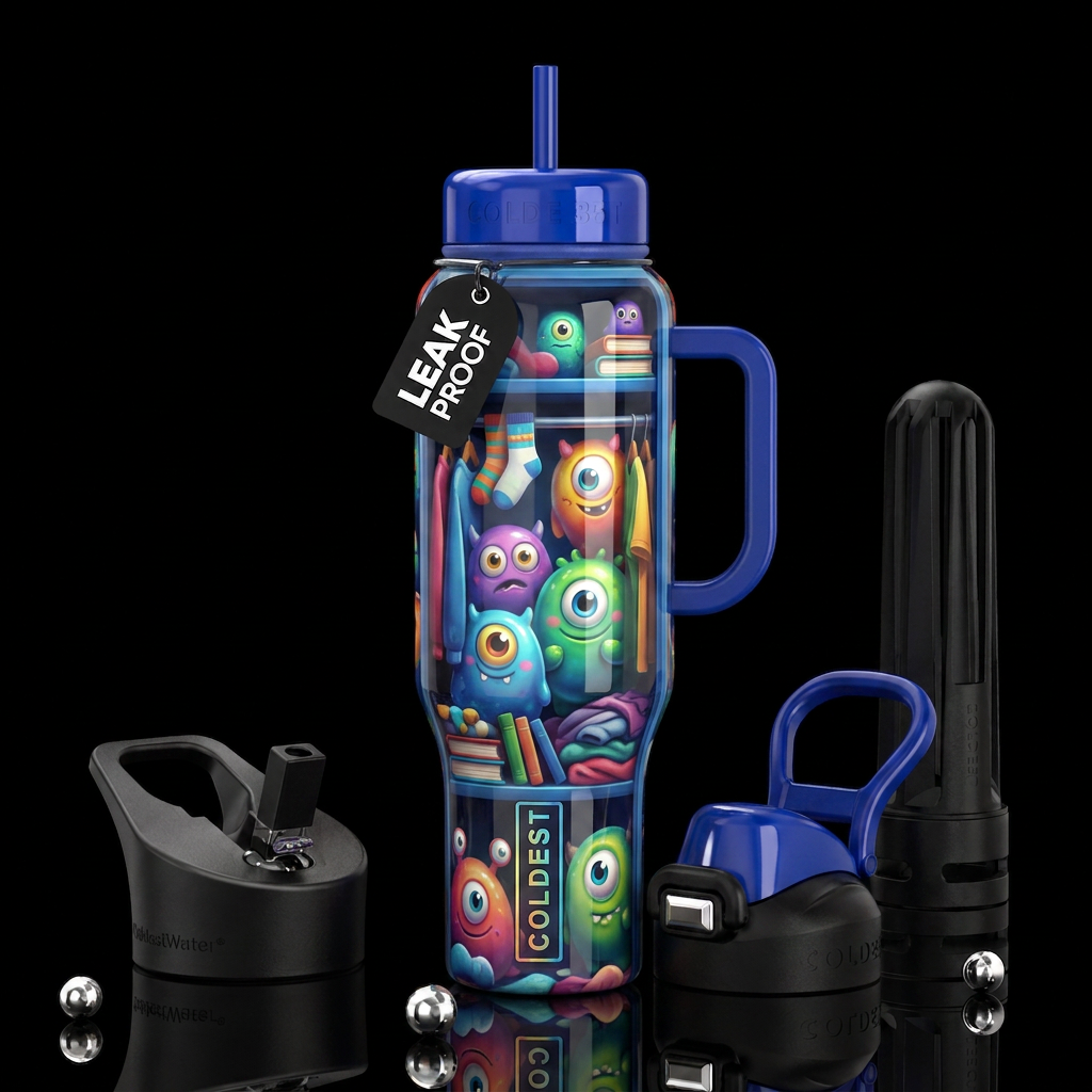 Blubbery cute monsters, glossy, glowie, trompe-l'œ... water bottle design