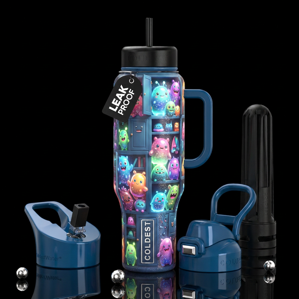 Blubbery cute monsters, glossy, glowie, trompe-l'œ... water bottle design