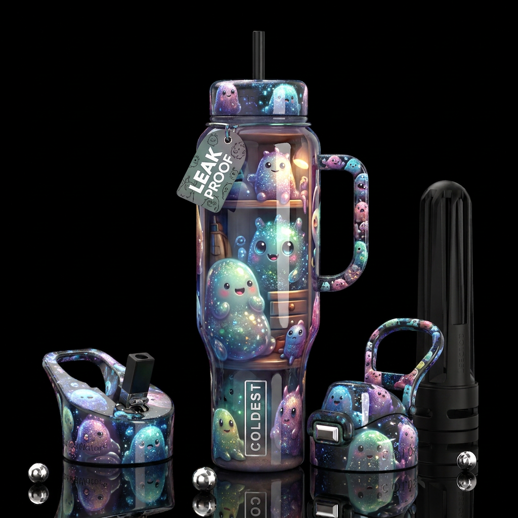 Blubbery cute monsters, glossy, glowie, trompe-l'œ... water bottle design