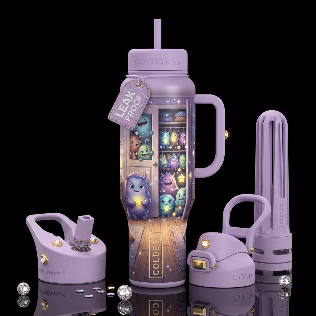 cute monsters, glossy, glowie, trompe-l'œil, beaut... water bottle design