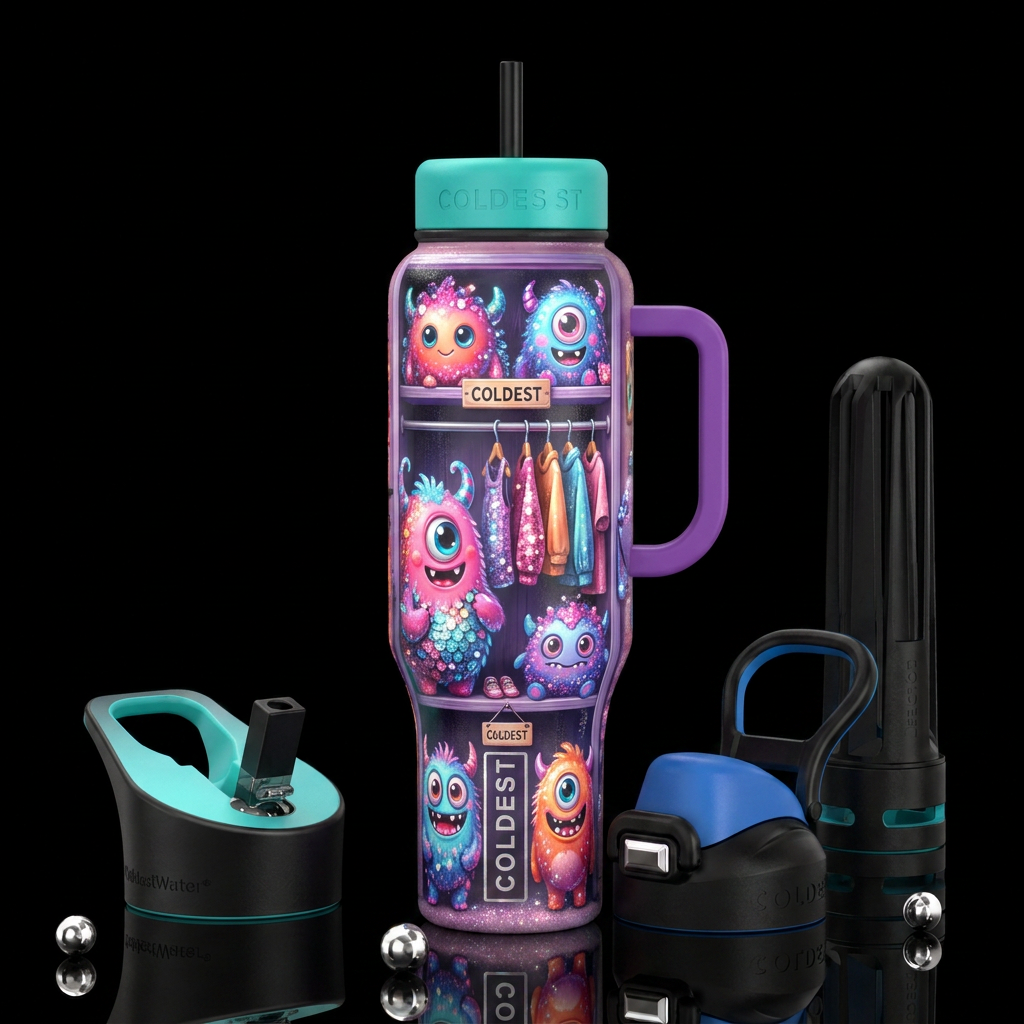 cute monsters, glossy, glowie, trompe-l'œil, beaut... water bottle design