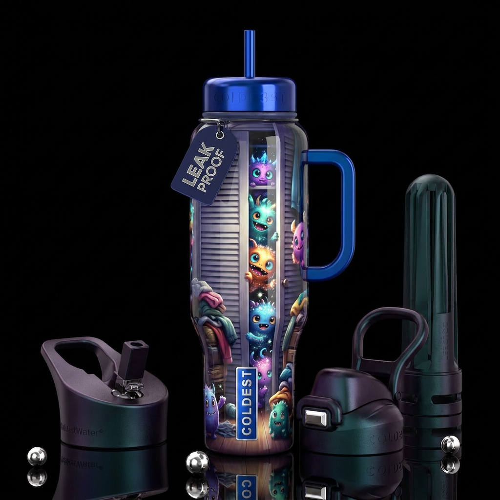 cute monsters, glossy, glowie, trompe-l'œil, beaut... water bottle design