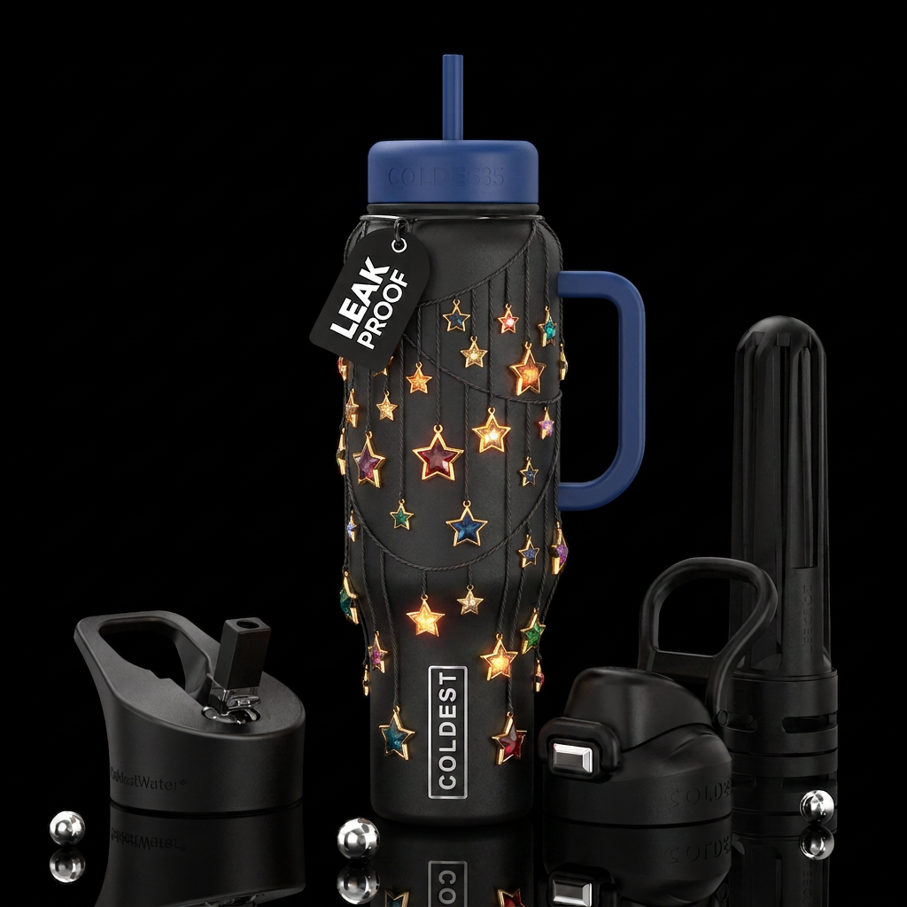 Stars hanging from string, glossy, trompe-l'œil, b... water bottle design