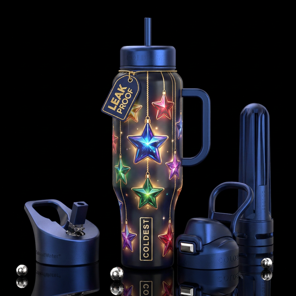 Stars hanging from string, glossy, trompe-l'œil, b... water bottle design