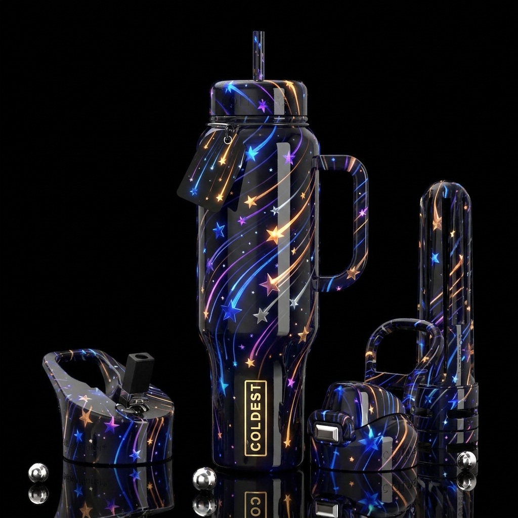 Trailing falling stars,glossy, trompe-l'œil, glowi... water bottle design