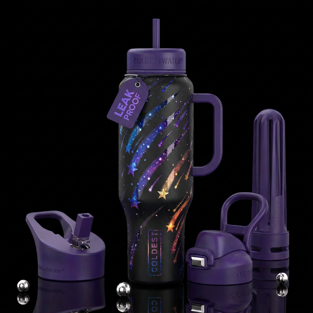 Trailing falling stars,glossy, trompe-l'œil, glowi... water bottle design