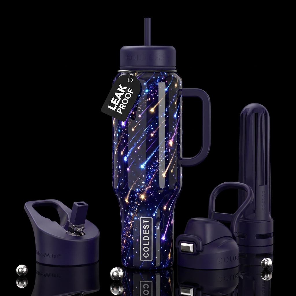 Trailing falling stars,glossy, trompe-l'œil, glowi... water bottle design