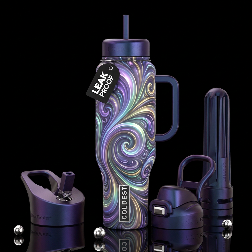 Crazy swirls like,glossy, trompe-l'œil, glowie, be... water bottle design