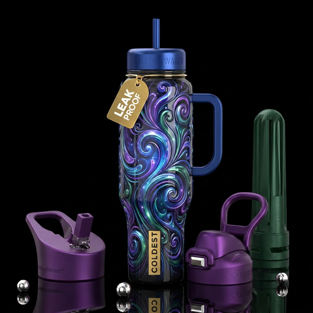 Crazy swirls like,glossy, trompe-l'œil, glowie, be... water bottle design