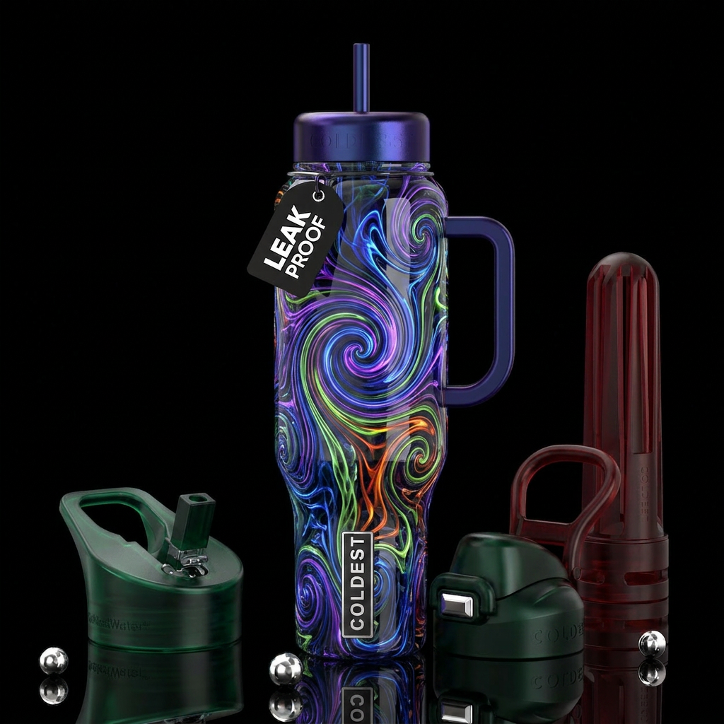 Crazy swirls glass like,glossy, trompe-l'œil, glow... water bottle design