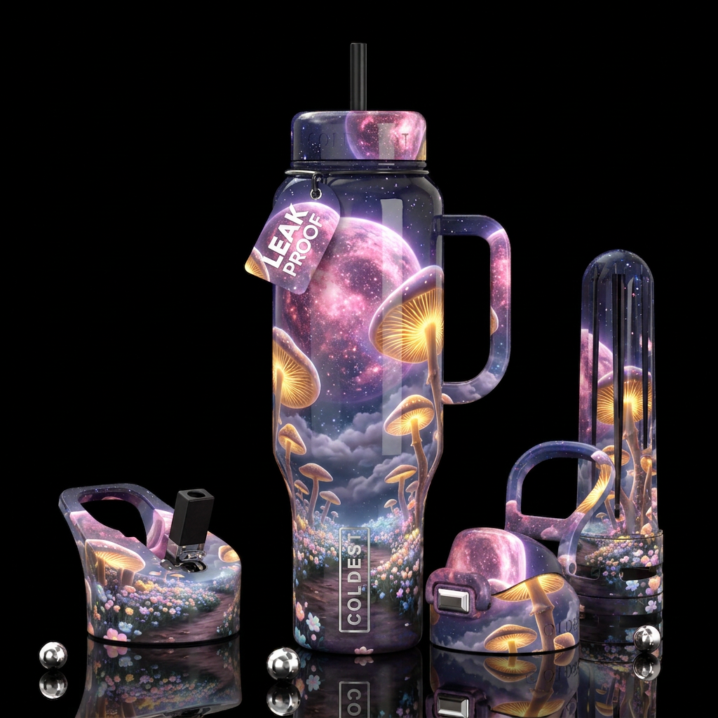 Fantasy digital art of a celestial mushroom forest... water bottle design