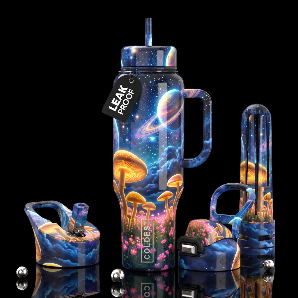Surreal cosmic mushroom forest, seamless wrap desi... water bottle design
