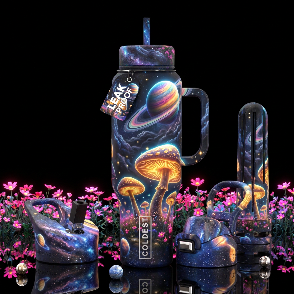 Surreal cosmic mushroom forest, seamless wrap desi... water bottle design