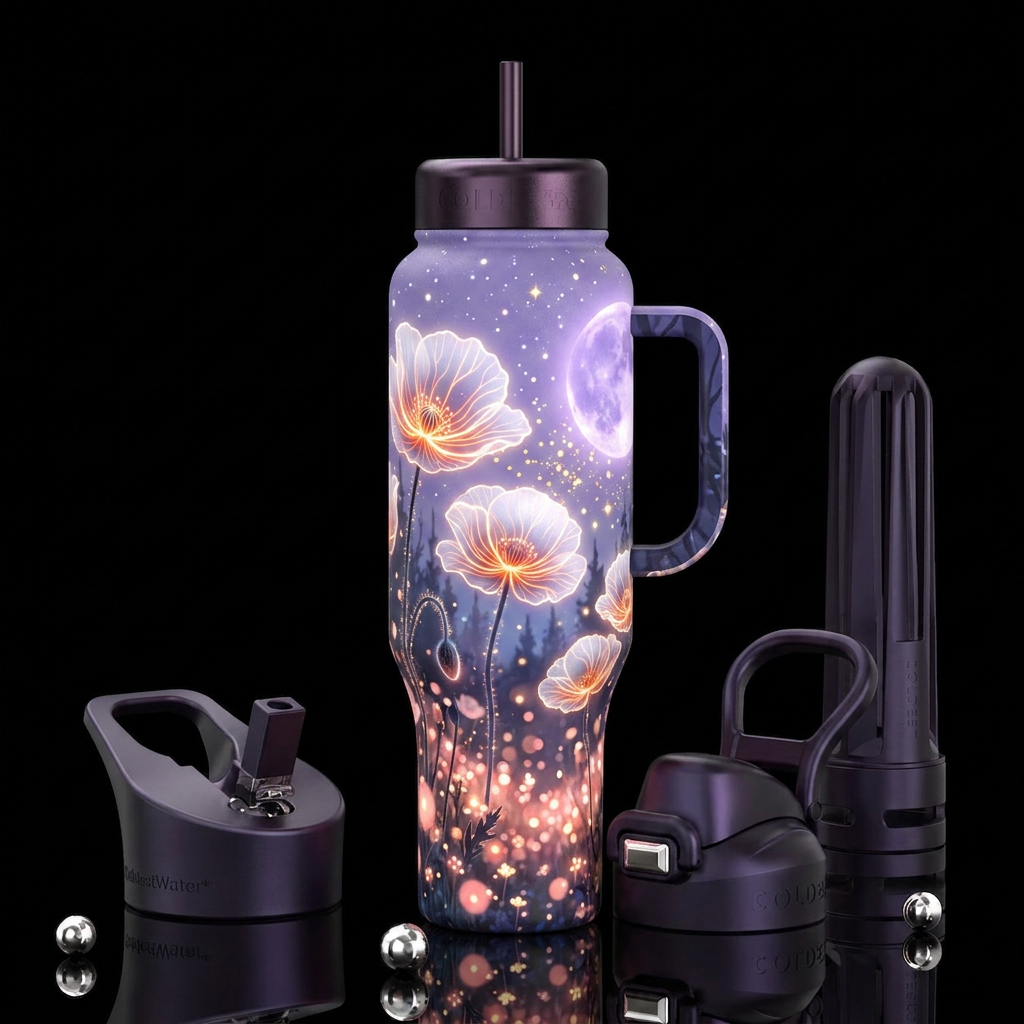 Seamless tumbler wrap graphic of a magical biolumi... water bottle design