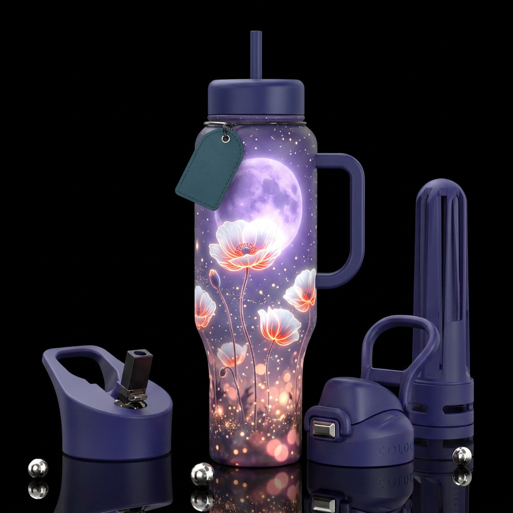 Seamless tumbler wrap graphic of a magical biolumi... water bottle design