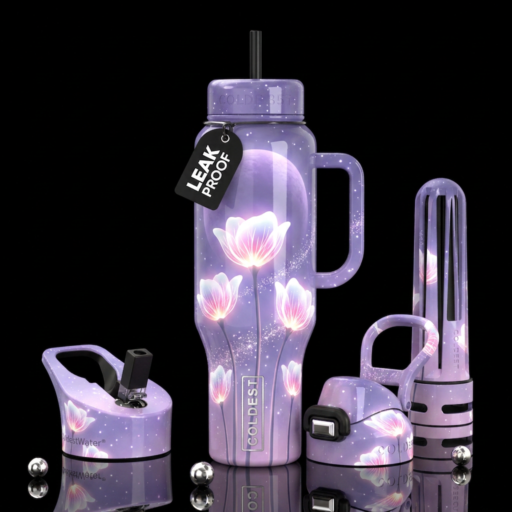 Bioluminescent white and pink cup flowers, glowing... water bottle design