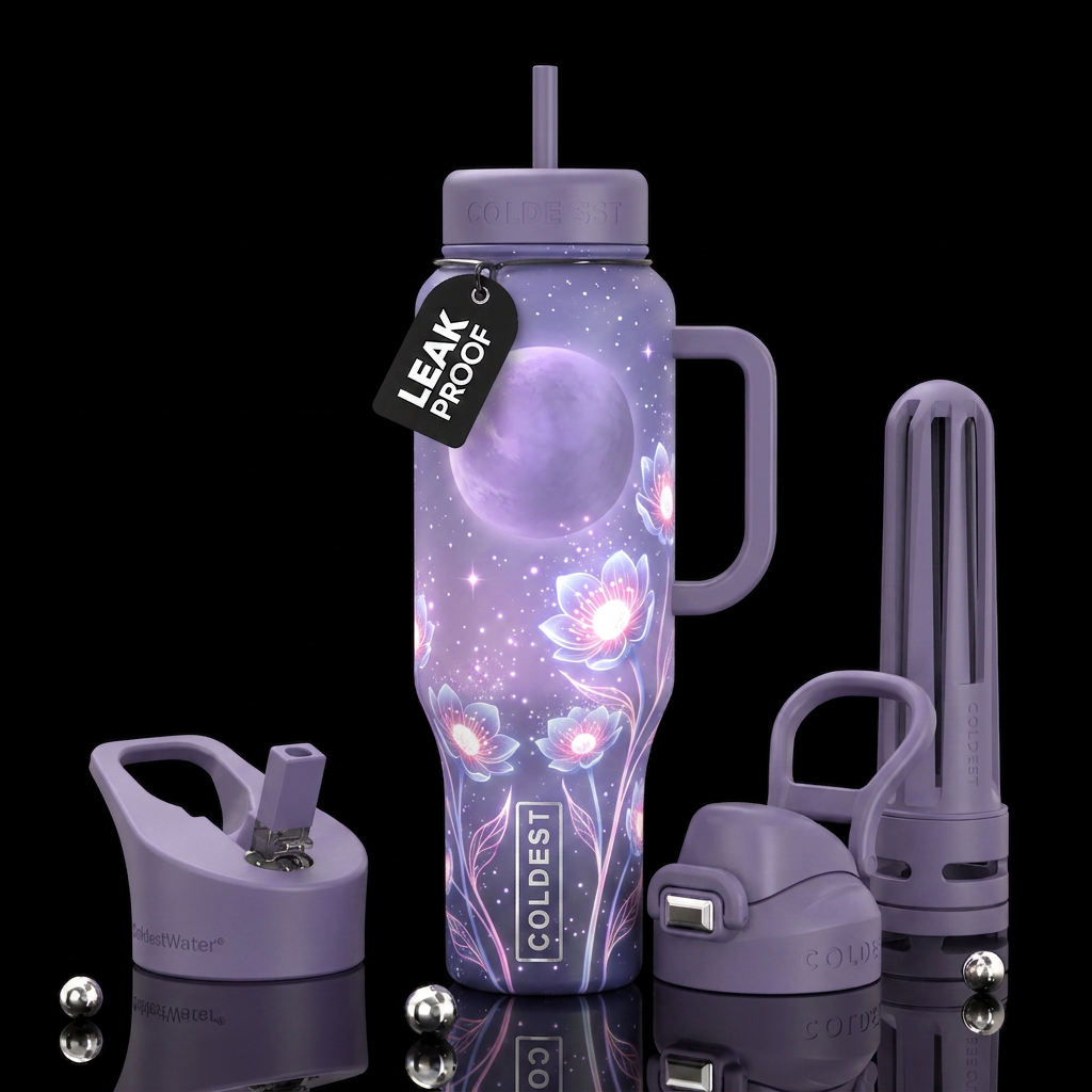 Bioluminescent white and pink cup flowers, glowing... water bottle design
