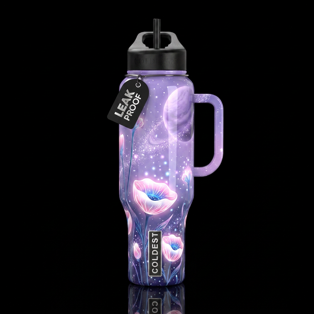 Bioluminescent white and pink cup flowers, glowing... water bottle design