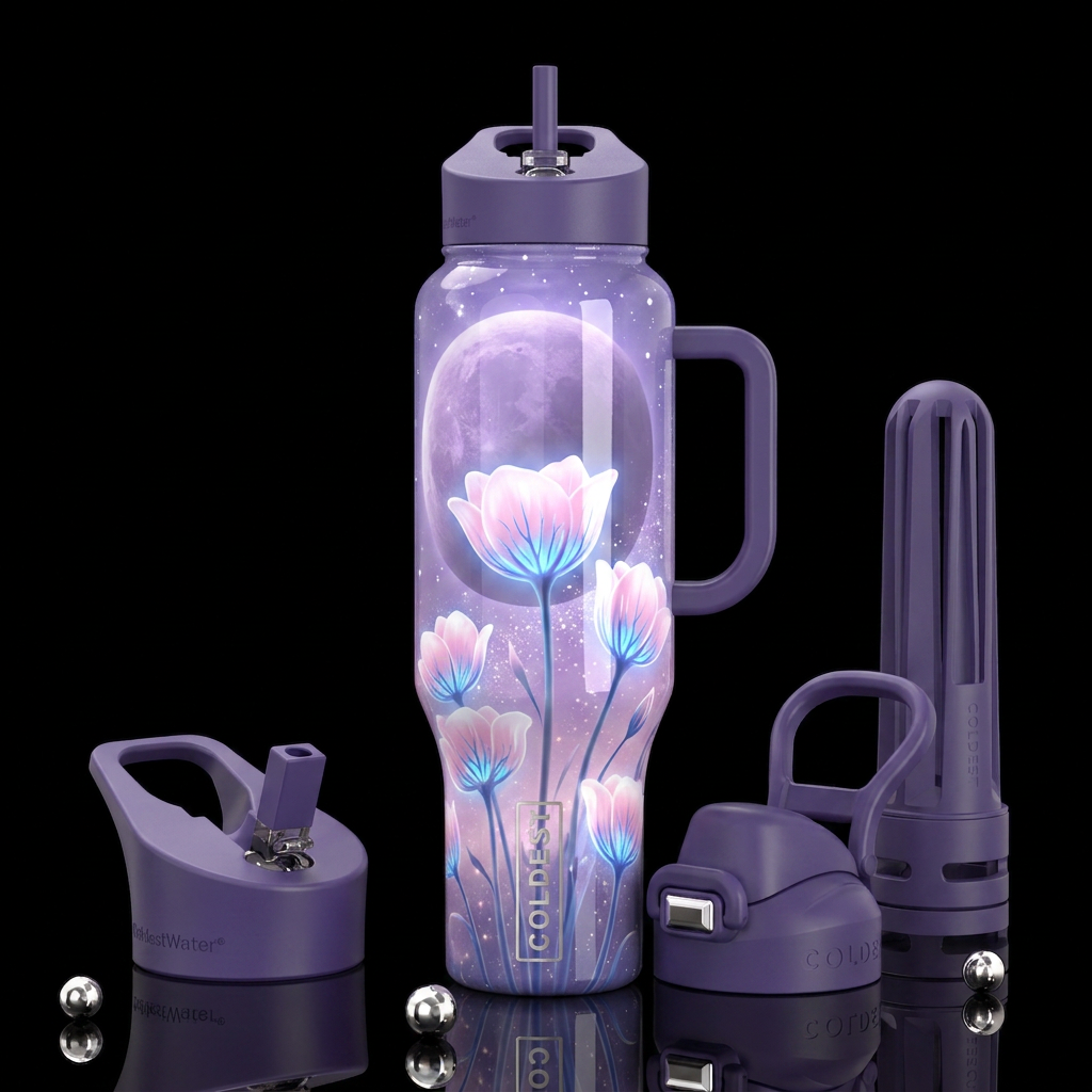 Bioluminescent white and pink cup flowers, glowing... water bottle design
