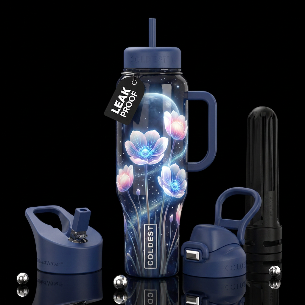 Bioluminescent white and pink cup flowers, glowing... water bottle design