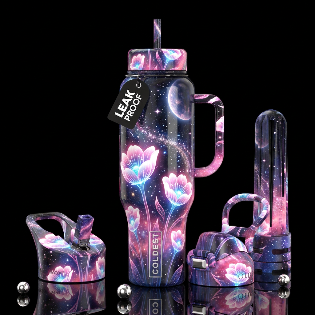 Bioluminescent white and pink cup flowers, glowing... water bottle design