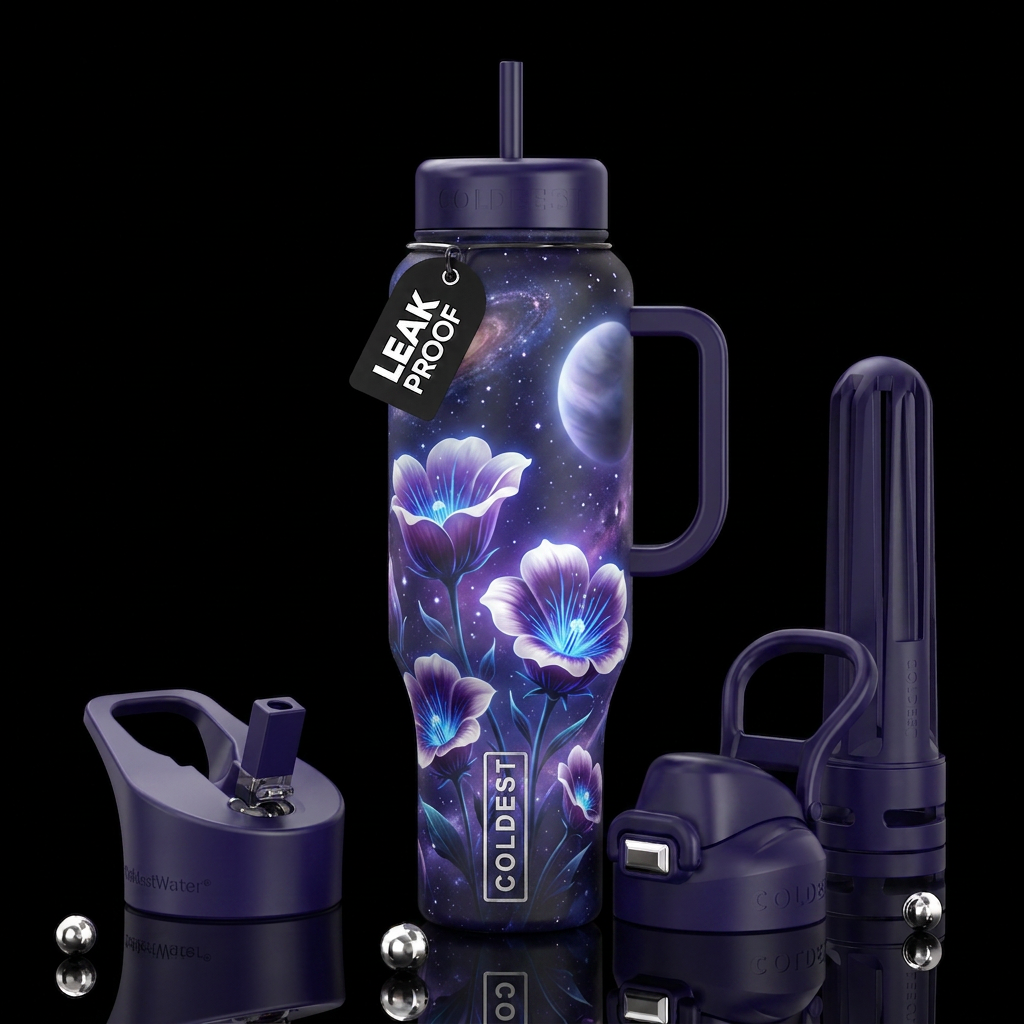 Bioluminescent white and purple cup flowers, glowi... water bottle design