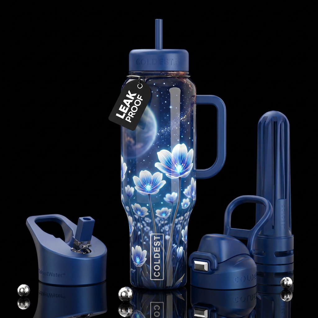 Bioluminescent white cup flowers, glowing blue cen... water bottle design