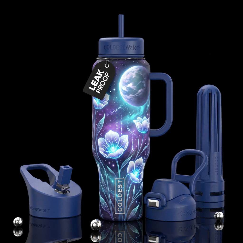 Bioluminescent white cup flowers, glowing blue cen... water bottle design