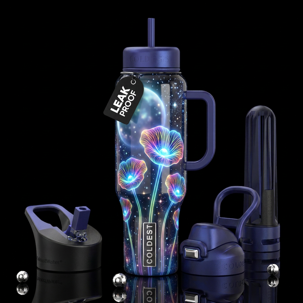 Bioluminescent rainbow cup flowers, glowing blue c... water bottle design
