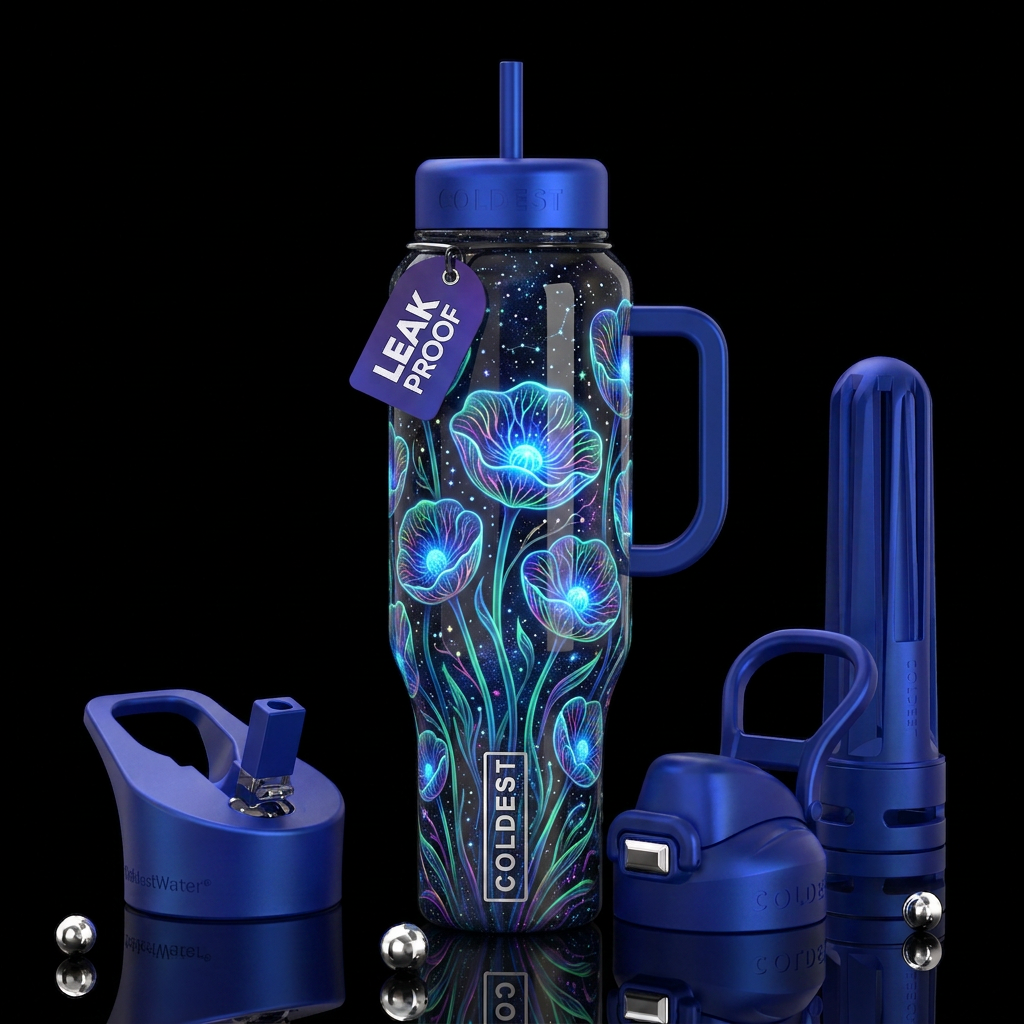 Bioluminescent rainbow cup flowers, glowing blue c... water bottle design