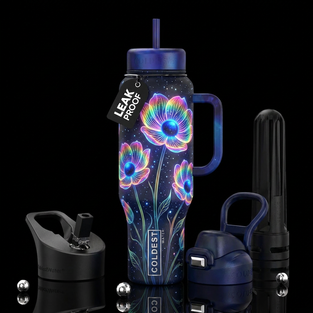 Bioluminescent rainbow cup flowers, glowing blue c... water bottle design