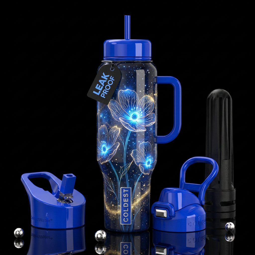 Bioluminescent cup flowers, glowing blue centers w... water bottle design